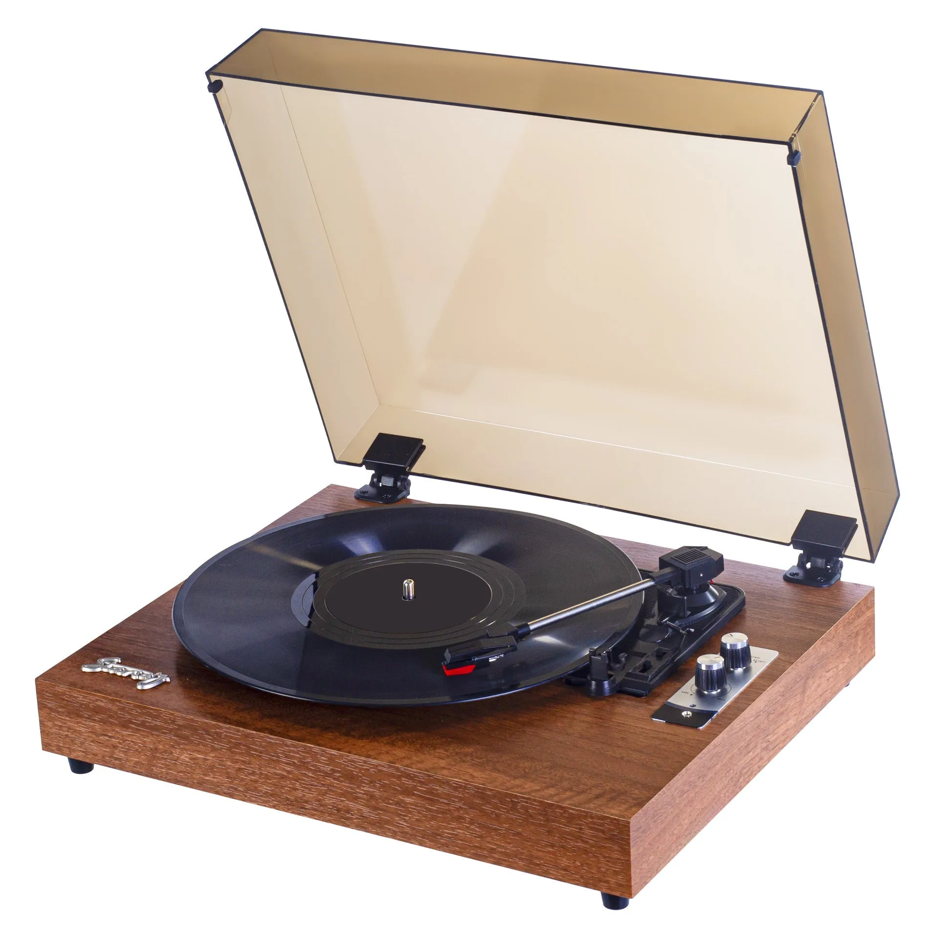 Star Speaker retro Bluetooth vinyl record player in walnut finish with lid closed
