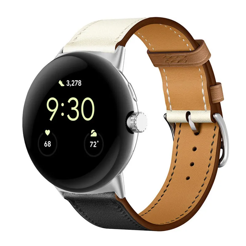 Google Pixel watch microfiber PU leather contrast colour replacement strap in Amber, black and silver head grain options