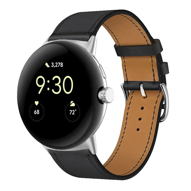 Google Pixel watch microfiber PU leather contrast colour replacement strap in Amber, black and silver head grain options