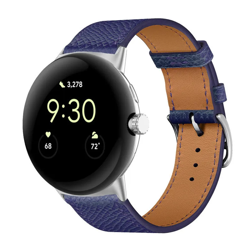 Google Pixel watch microfiber PU leather contrast colour replacement strap in Amber, black and silver head grain options