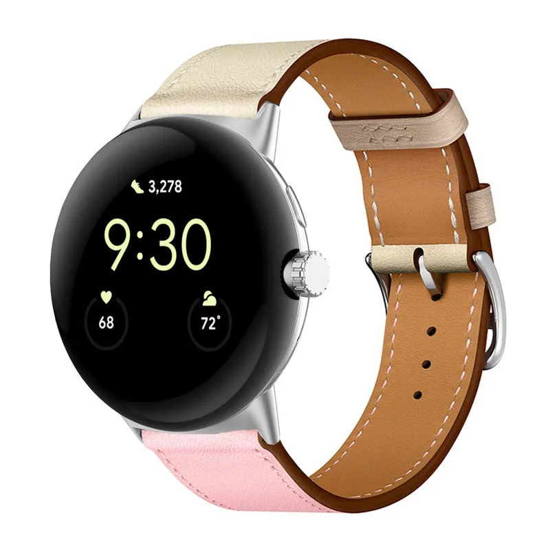 Google Pixel watch microfiber PU leather contrast colour replacement strap in Amber, black and silver head grain options