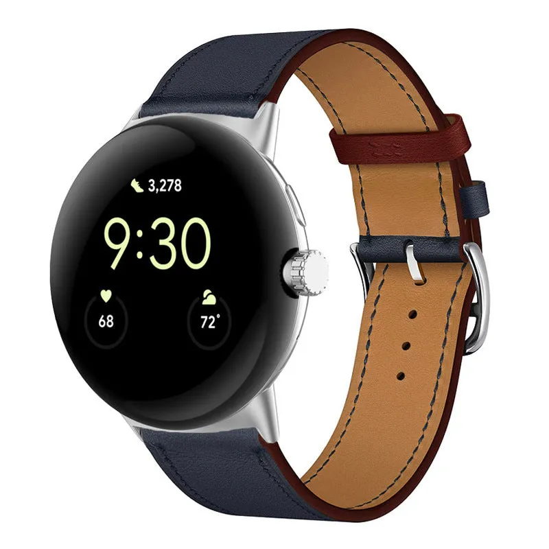 Google Pixel watch microfiber PU leather contrast colour replacement strap in Amber, black and silver head grain options