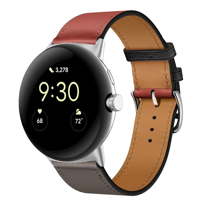 Google Pixel watch microfiber PU leather contrast colour replacement strap in Amber, black and silver head grain options