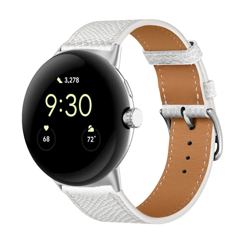 Google Pixel watch microfiber PU leather contrast colour replacement strap in Amber, black and silver head grain options