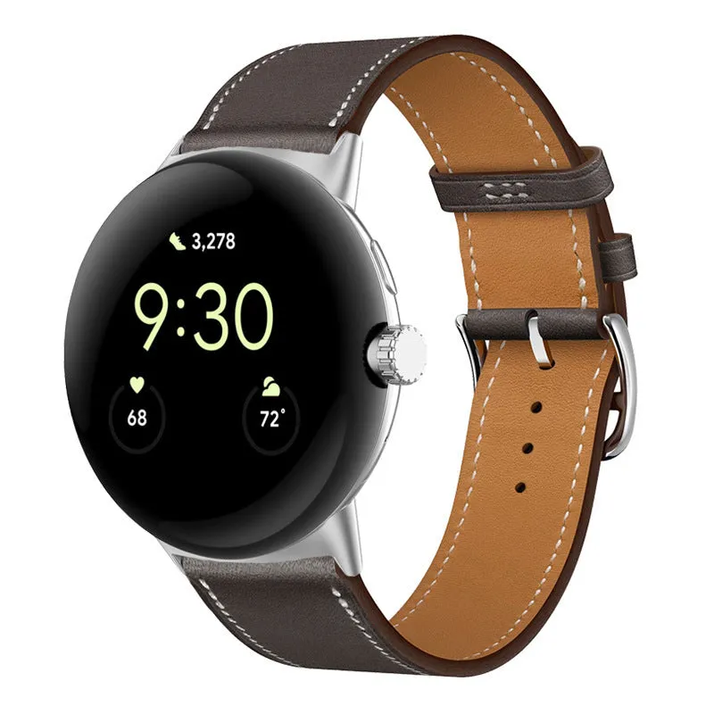 Google Pixel watch microfiber PU leather contrast colour replacement strap in Amber, black and silver head grain options