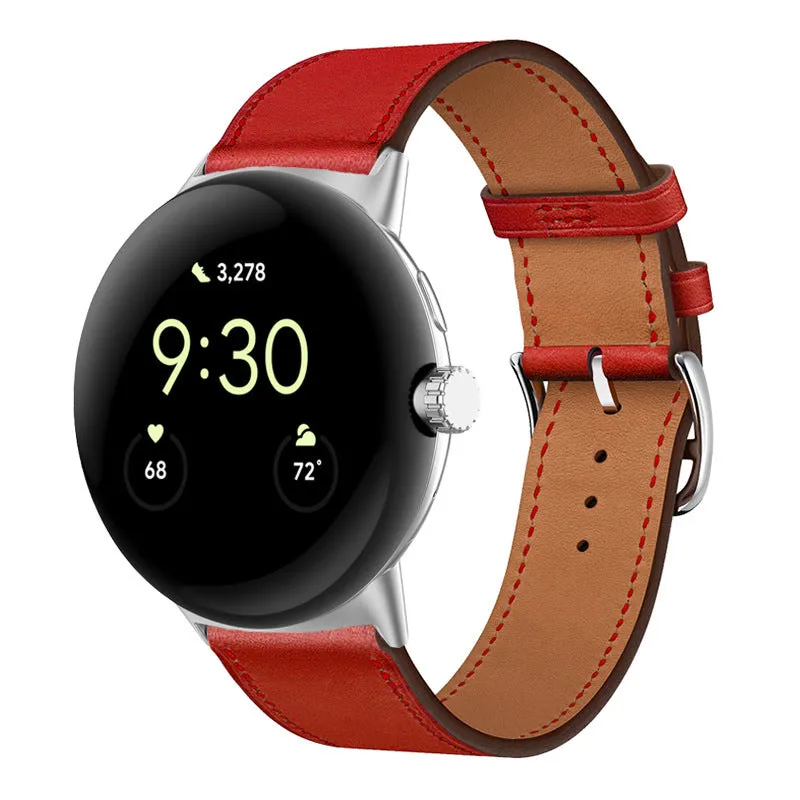 Google Pixel watch microfiber PU leather contrast colour replacement strap in Amber, black and silver head grain options