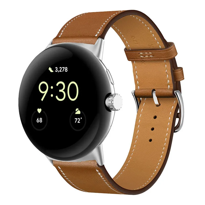 Google Pixel watch microfiber PU leather contrast colour replacement strap in Amber, black and silver head grain options