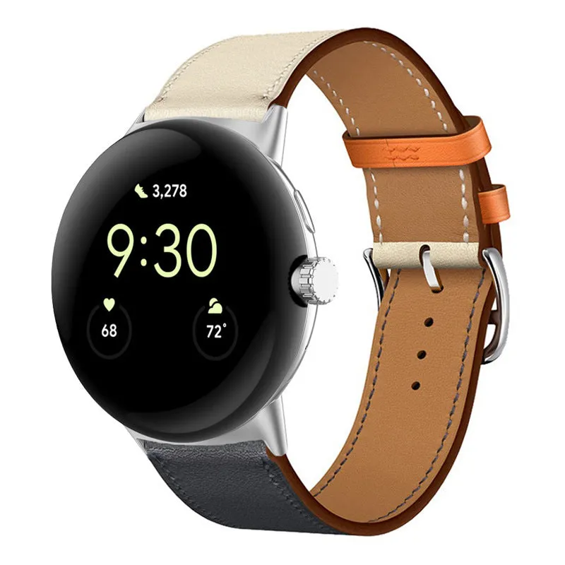 Google Pixel watch microfiber PU leather contrast colour replacement strap in Amber, black and silver head grain options