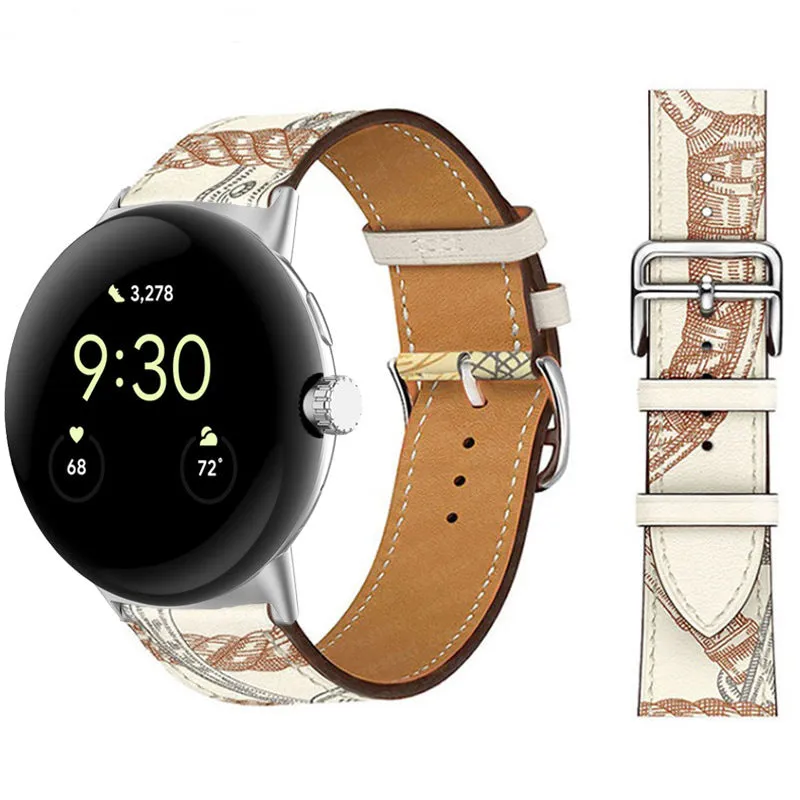 Google Pixel watch microfiber PU leather contrast colour replacement strap in Amber, black and silver head grain options
