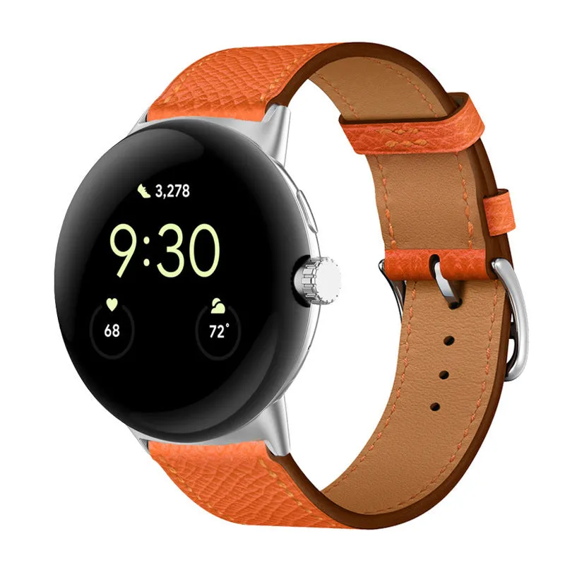 Google Pixel watch microfiber PU leather contrast colour replacement strap in Amber, black and silver head grain options