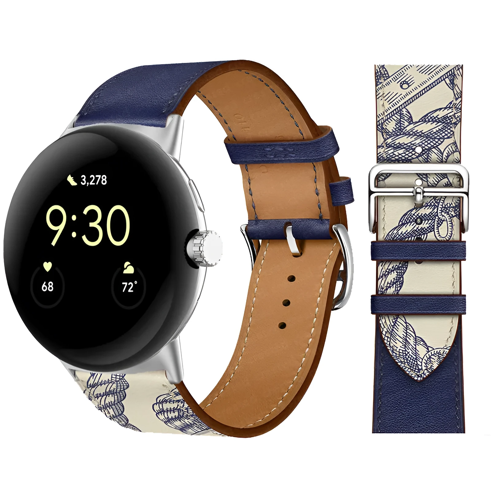 Google Pixel watch microfiber PU leather contrast colour replacement strap in Amber, black and silver head grain options