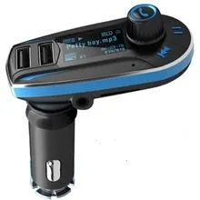 BT618C black vehicle Bluetooth MP3 player and FM transmitter with LCD screen, shown plugged into a car power socket.