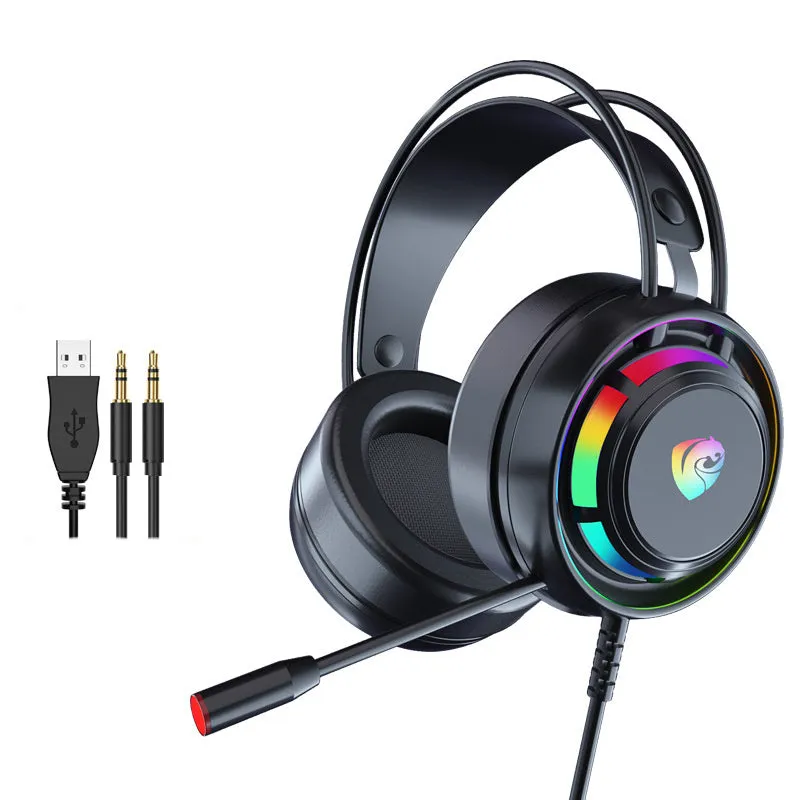 Black wired over-ear gaming headphones with microphone and a long cable, showing 3.5mm and USB plug options.