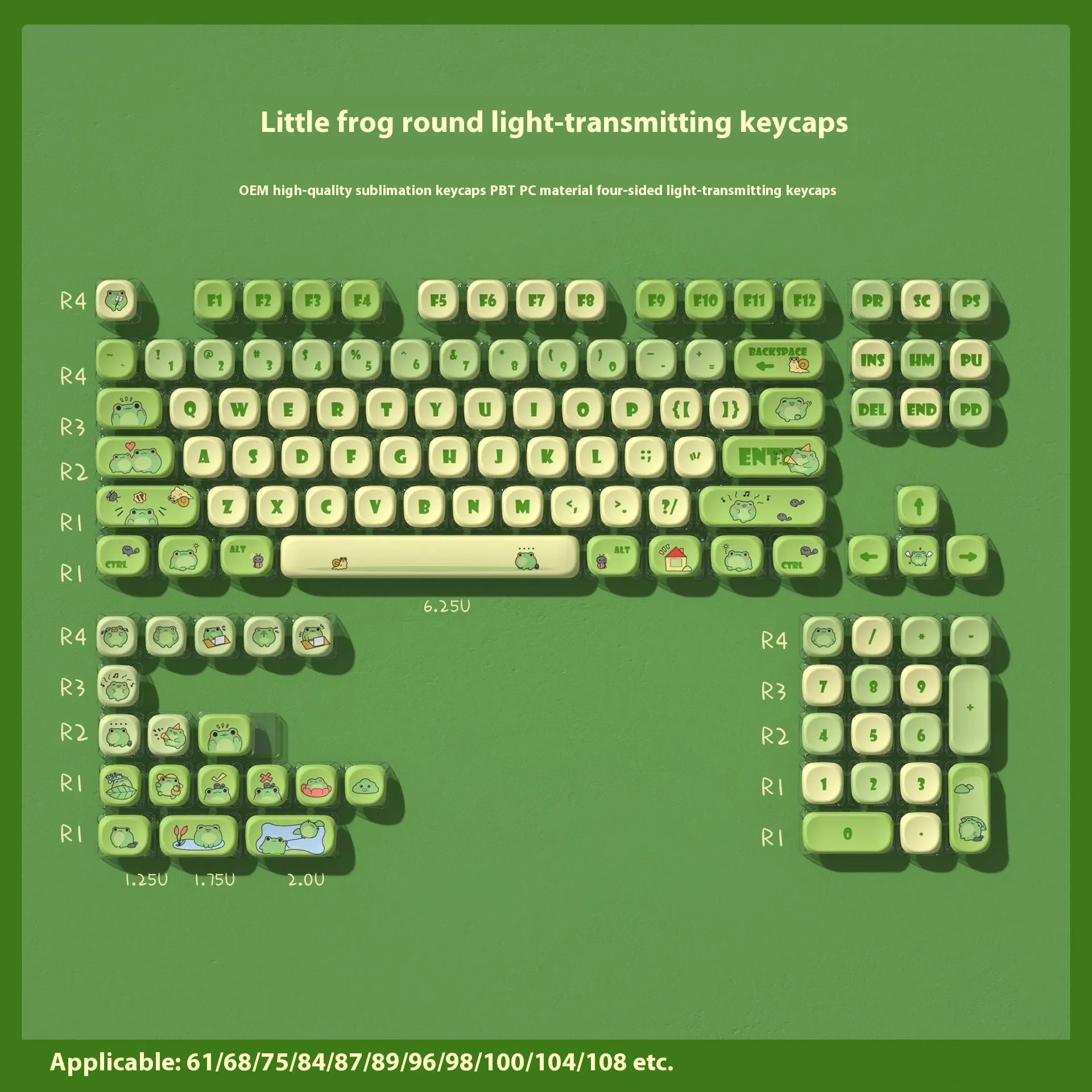 Spy round frog four-sided transparent pudding keycap set with PBT+PC material and translucent characters on a mechanical keyboard