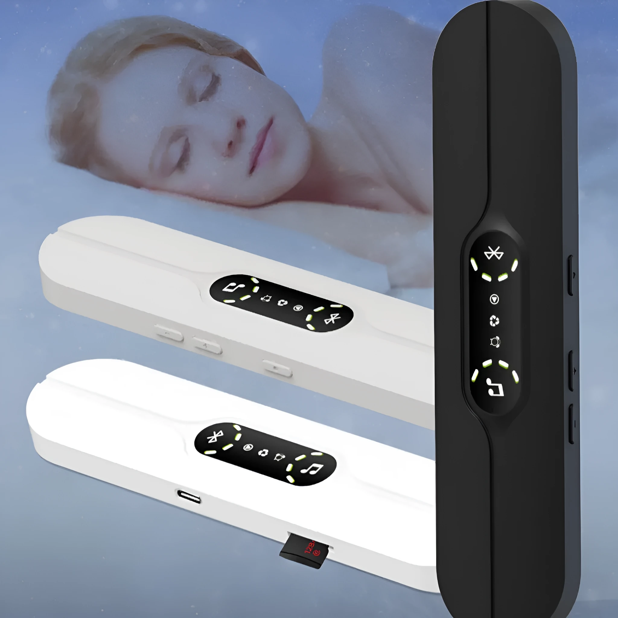 Bone conduction wireless Bluetooth music box in black with USB recharge port and timing control buttons