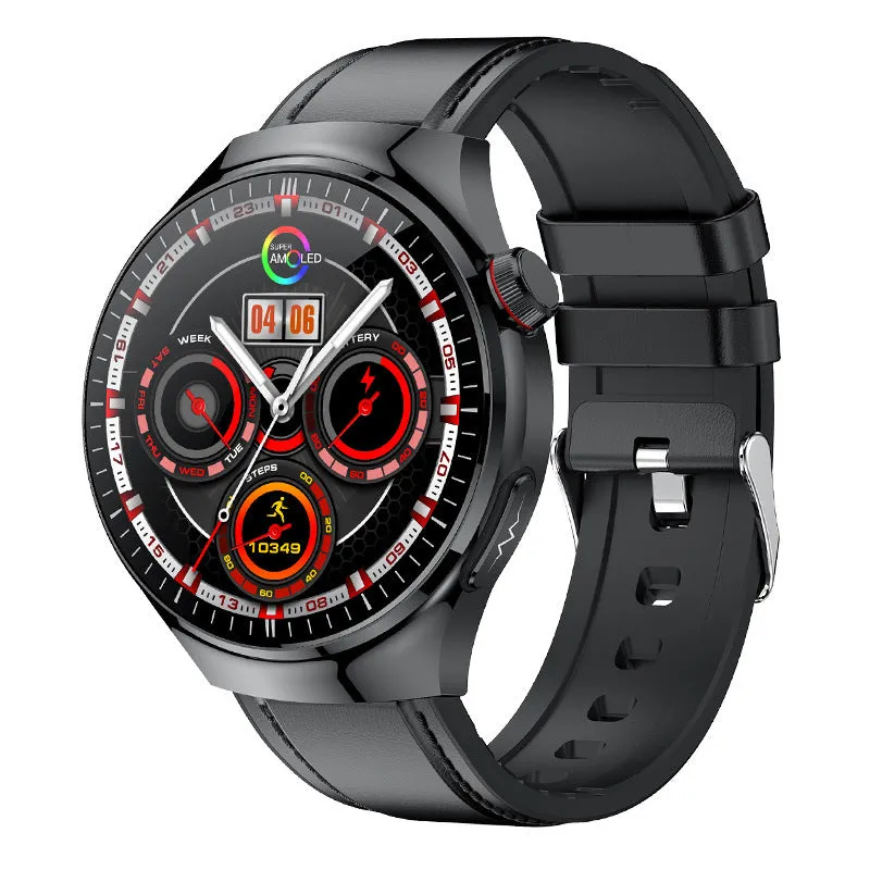 Bluetooth calling smart watch with AMOLED screen and black steel strap showing health monitoring features