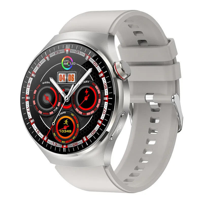 Bluetooth calling smart watch with AMOLED screen and black steel strap showing health monitoring features