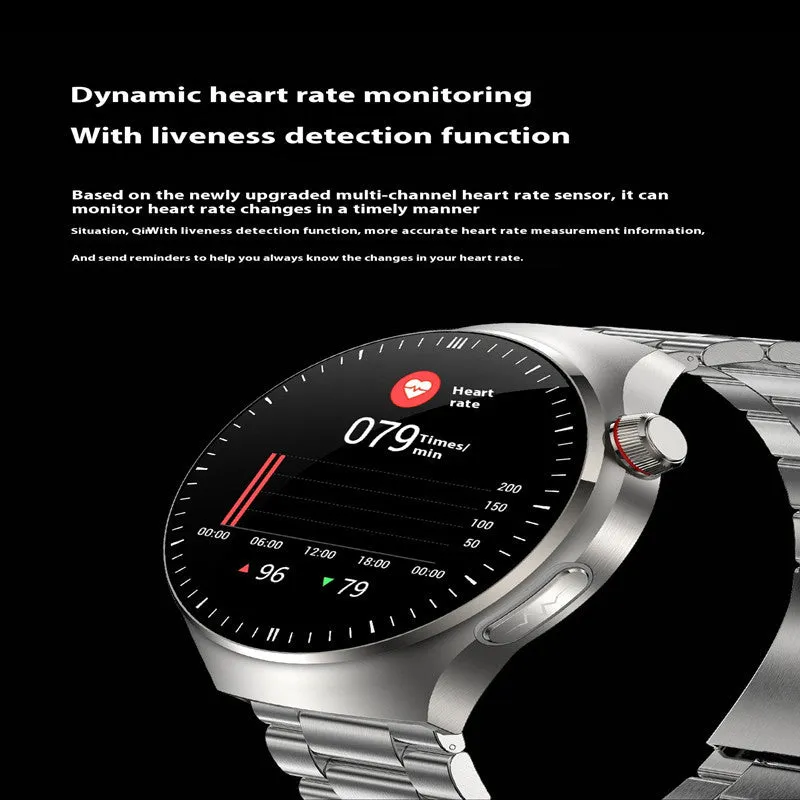 Bluetooth calling smart watch with AMOLED screen and black steel strap showing health monitoring features