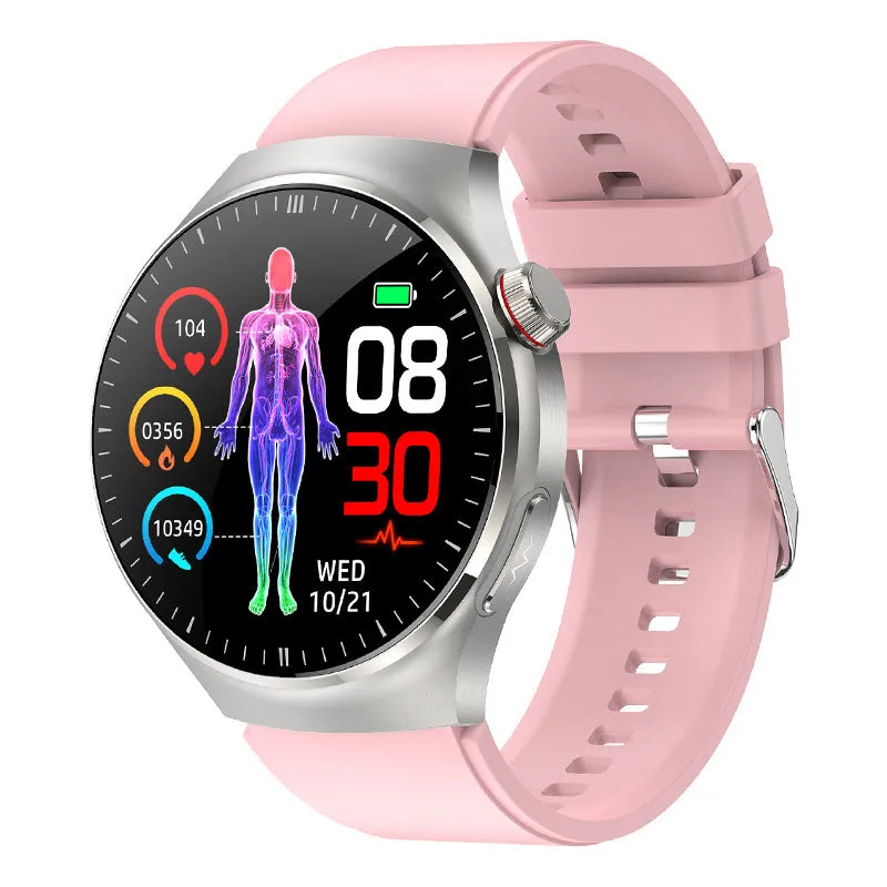 Bluetooth calling smart watch with AMOLED screen and black steel strap showing health monitoring features