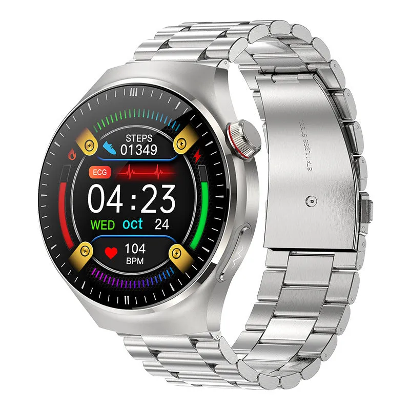 Bluetooth calling smart watch with AMOLED screen and black steel strap showing health monitoring features