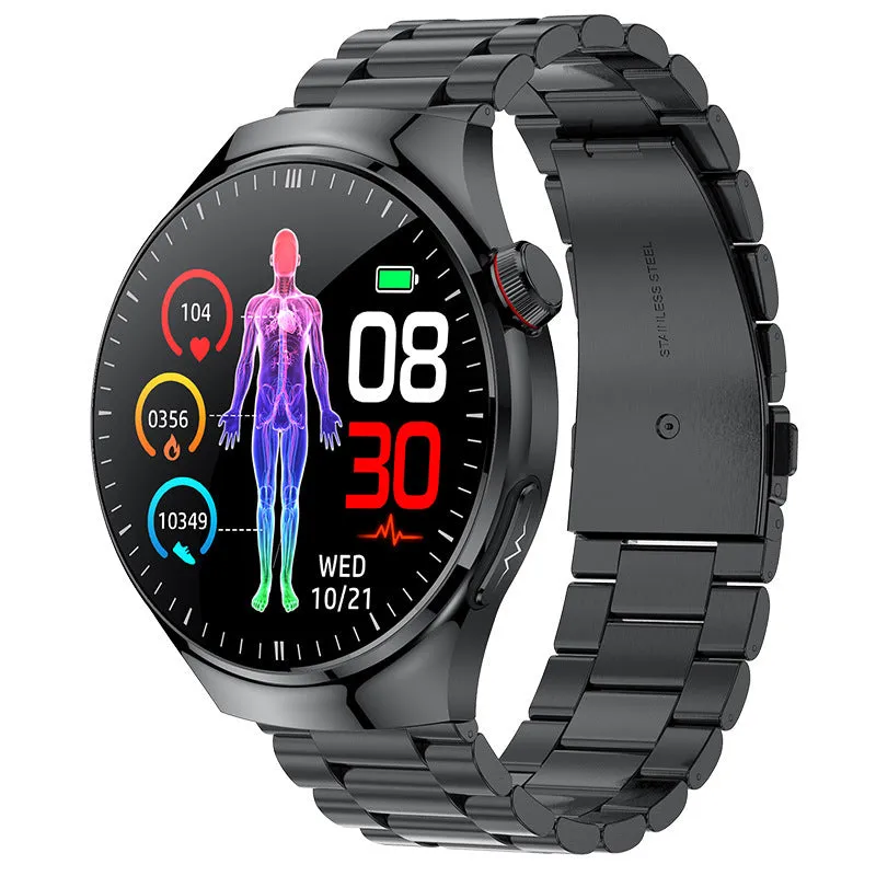 Bluetooth calling smart watch with AMOLED screen and black steel strap showing health monitoring features