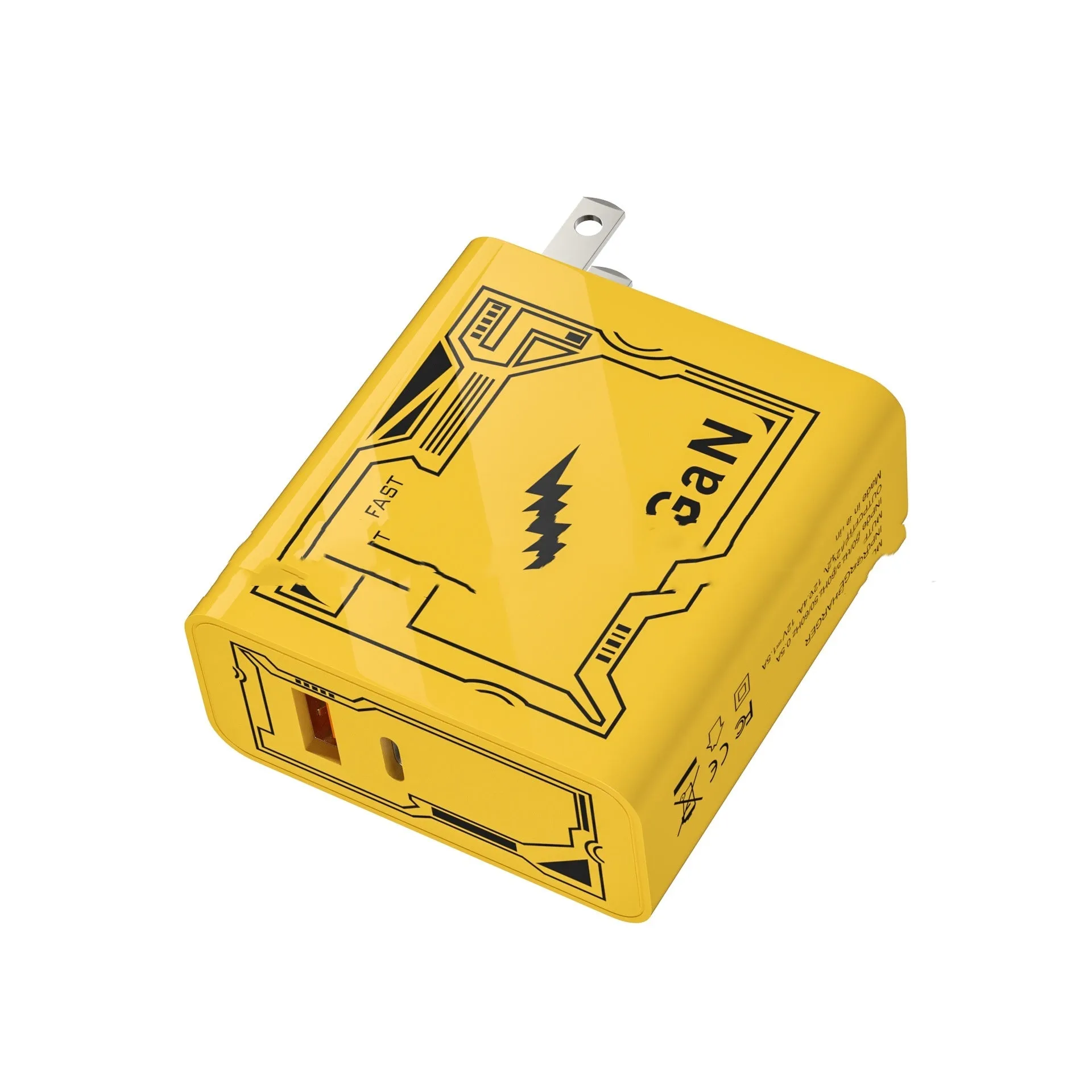 Yellow Machine Crustacean A C fast charging plug with QC30 and PD25W support for American and European sockets