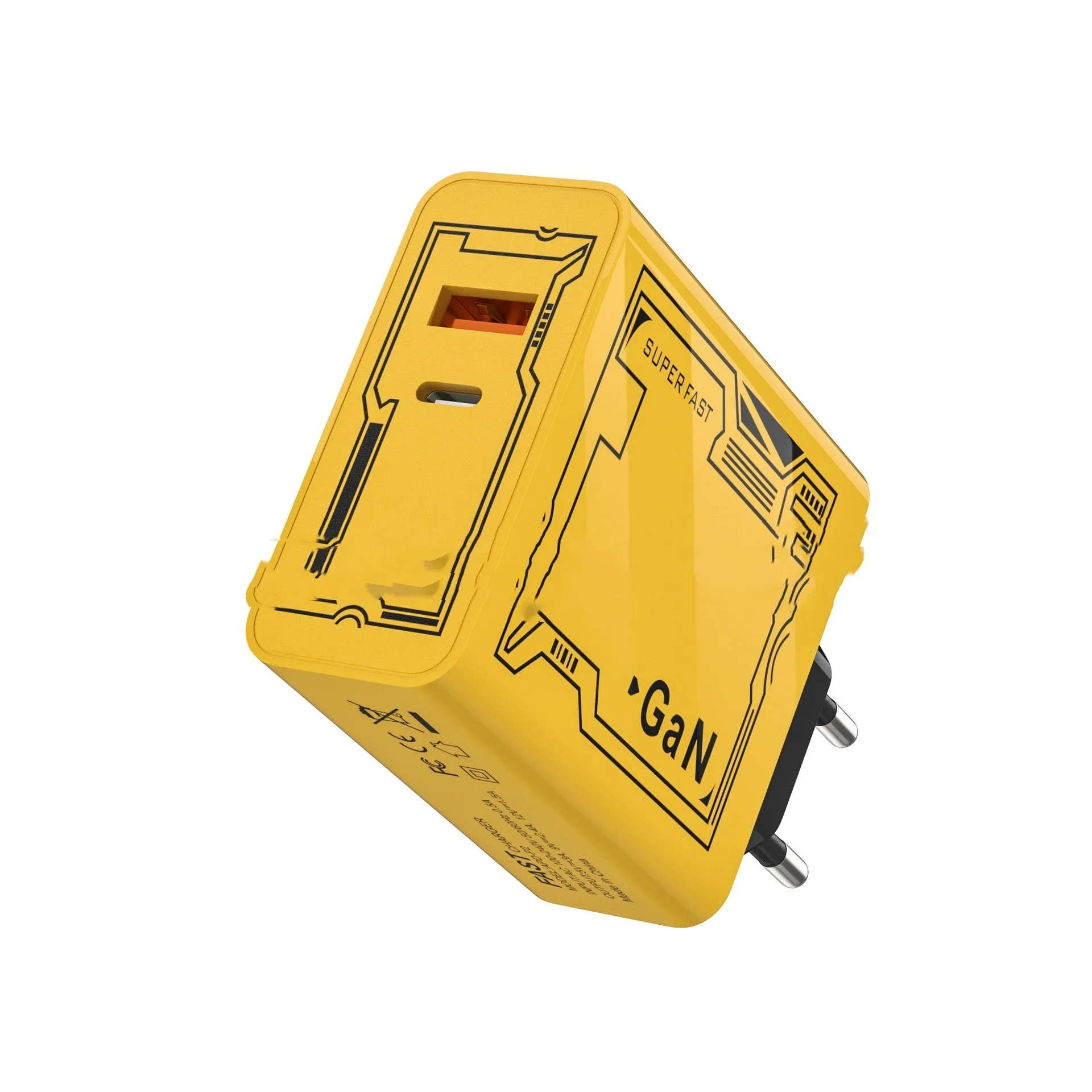 Yellow Machine Crustacean A C fast charging plug with QC30 and PD25W support for American and European sockets