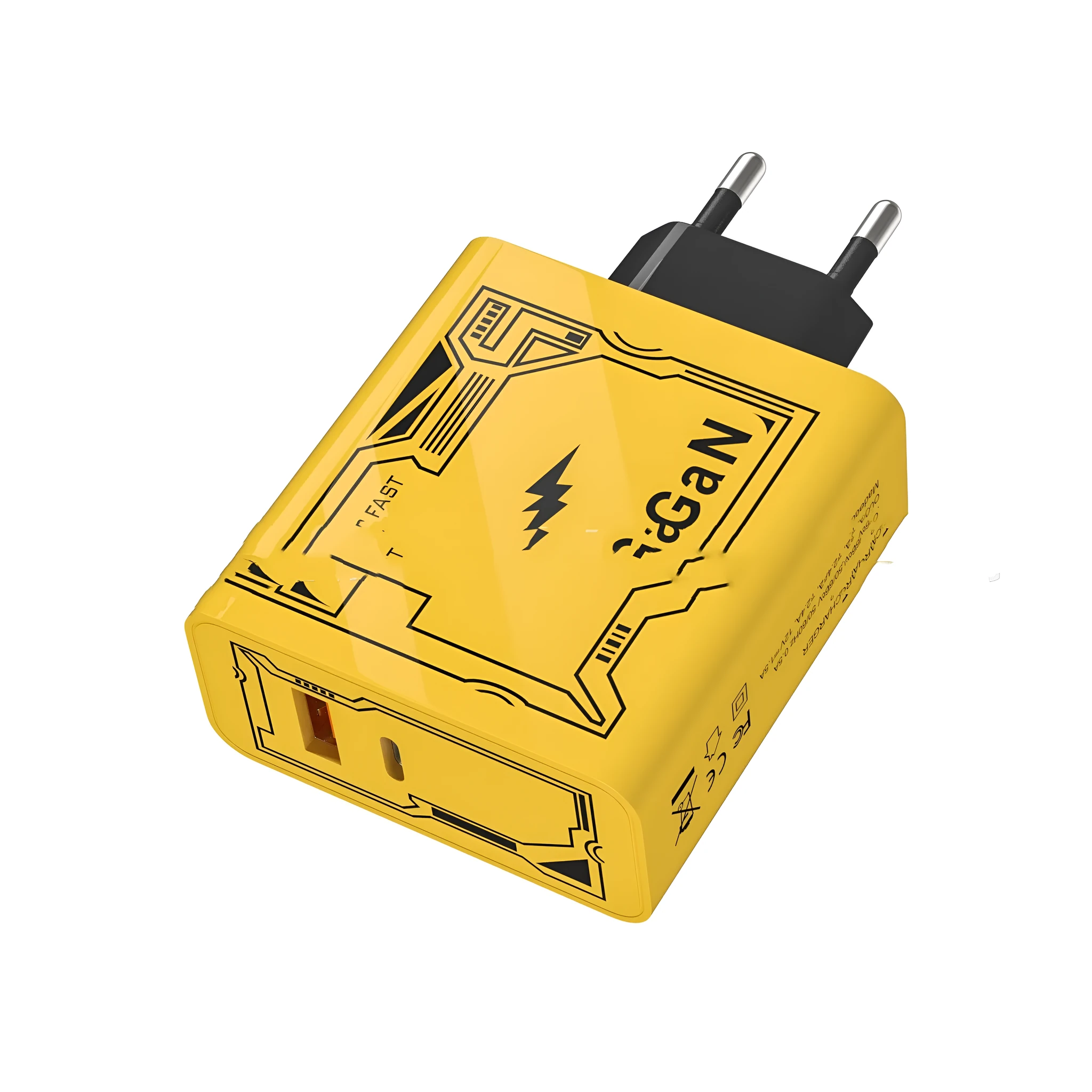 Yellow Machine Crustacean A C fast charging plug with QC30 and PD25W support for American and European sockets