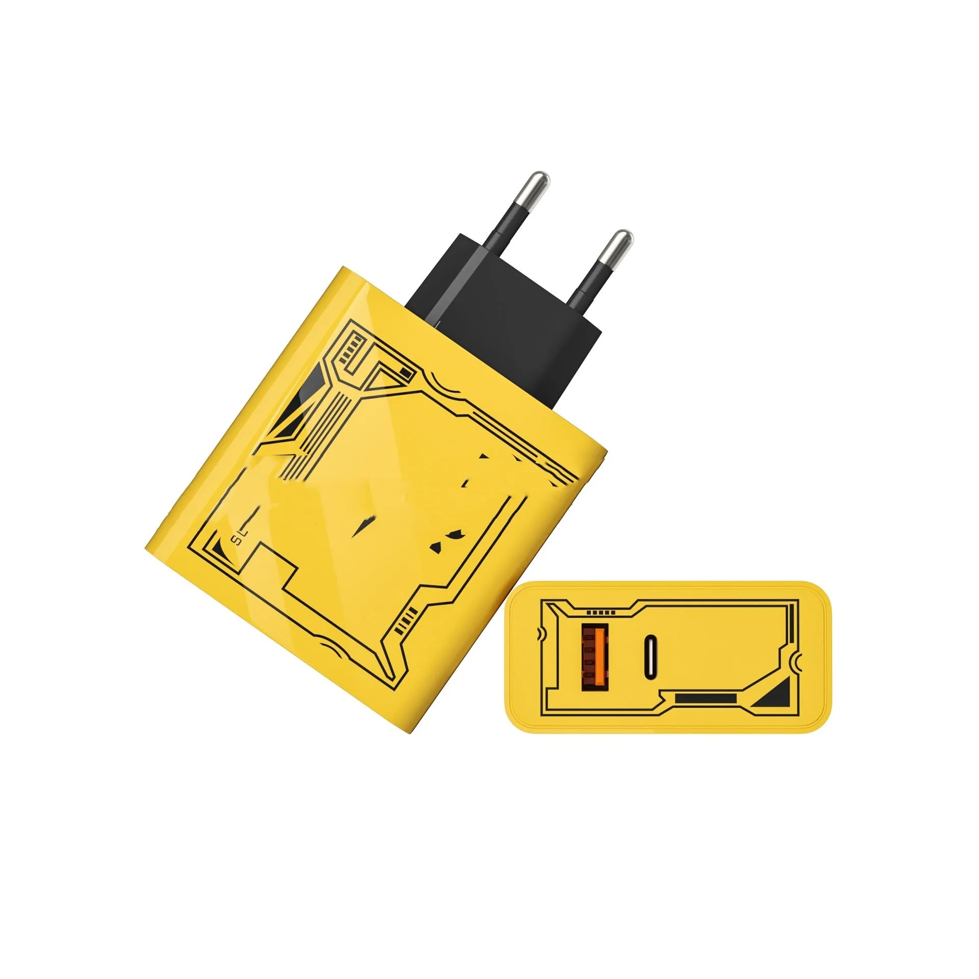 Yellow Machine Crustacean A C fast charging plug with QC30 and PD25W support for American and European sockets