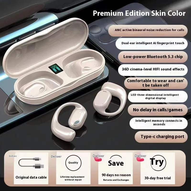 Fashion wireless ear hook Bluetooth headset in black plastic with USB charging cable