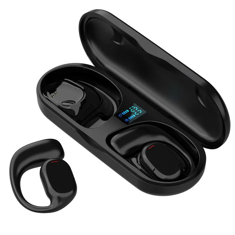 Fashion wireless ear hook Bluetooth headset in black plastic with USB charging cable