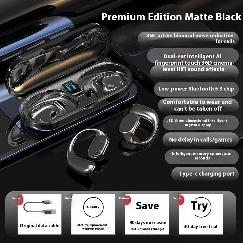 Fashion wireless ear hook Bluetooth headset in black plastic with USB charging cable