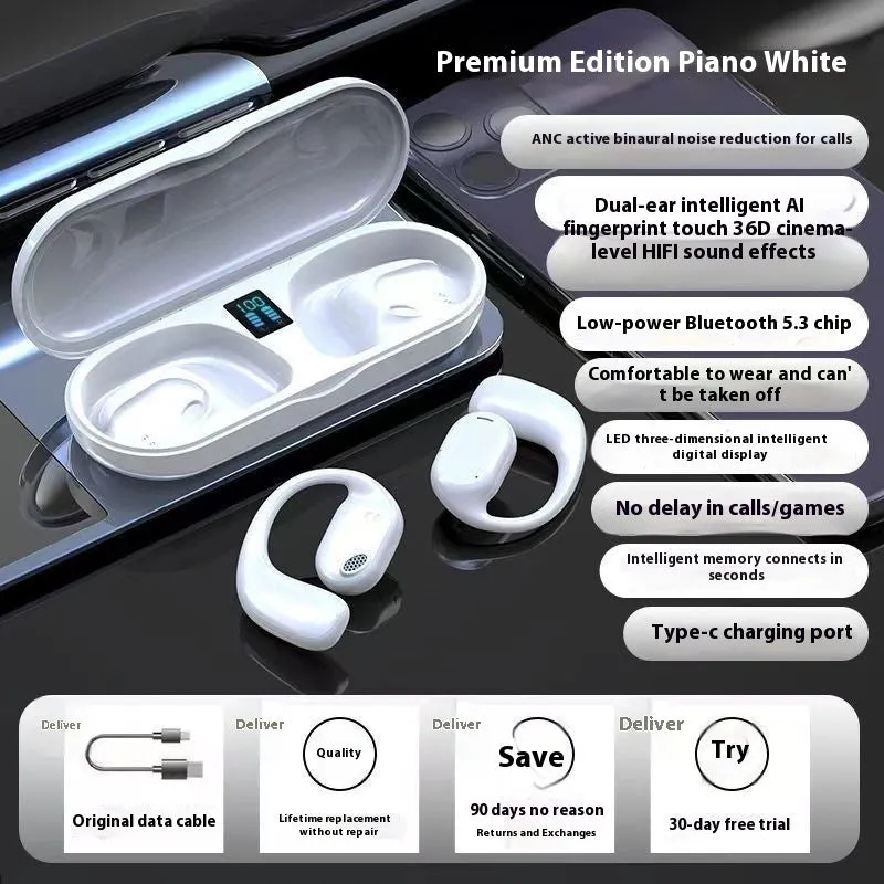 Fashion wireless ear hook Bluetooth headset in black plastic with USB charging cable