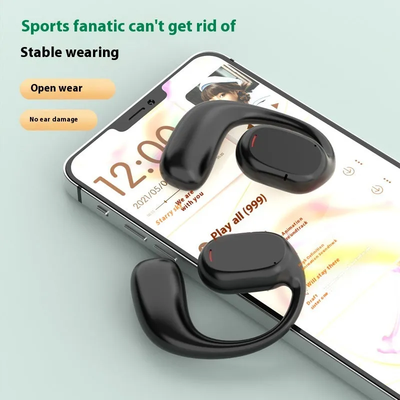 Fashion wireless ear hook Bluetooth headset in black plastic with USB charging cable