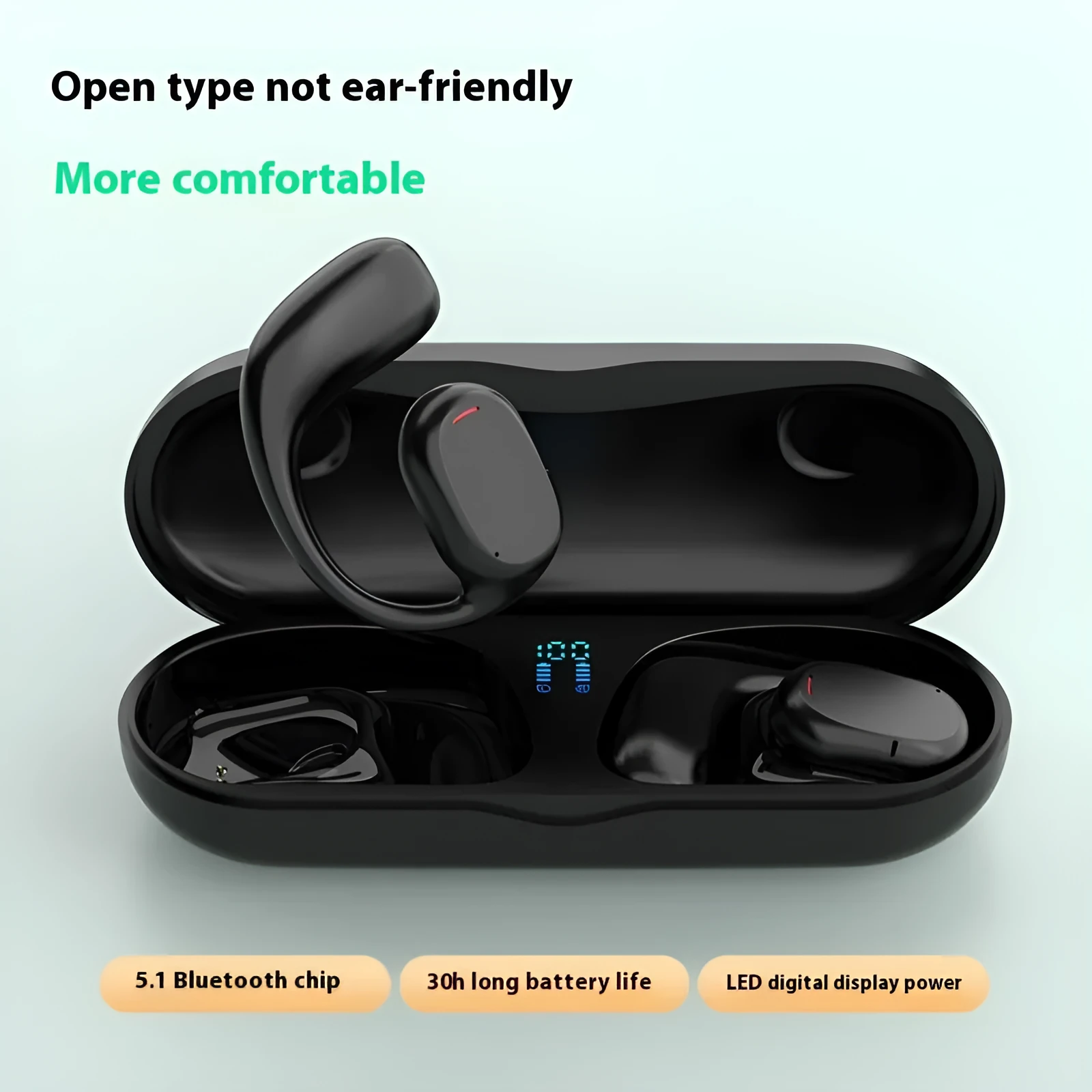 Fashion wireless ear hook Bluetooth headset in black plastic with USB charging cable