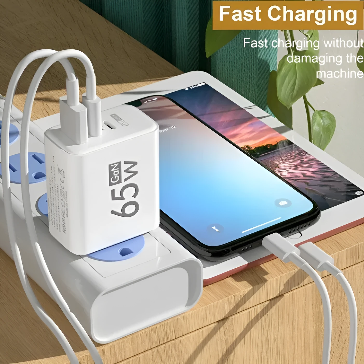 65W frosted square multi-port charger with 1 USB and 2 PD ports in EU White