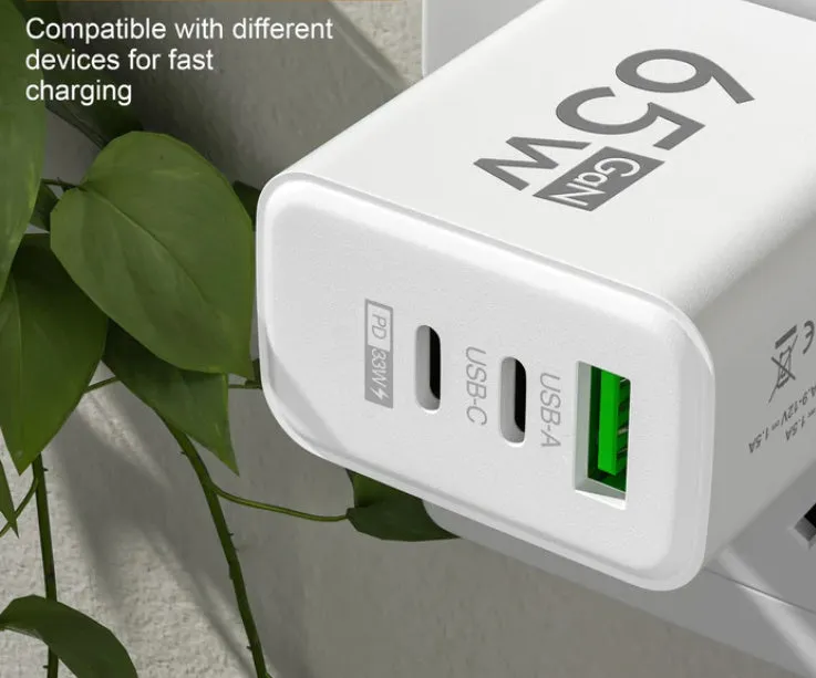 65W frosted square multi-port charger with 1 USB and 2 PD ports in EU White