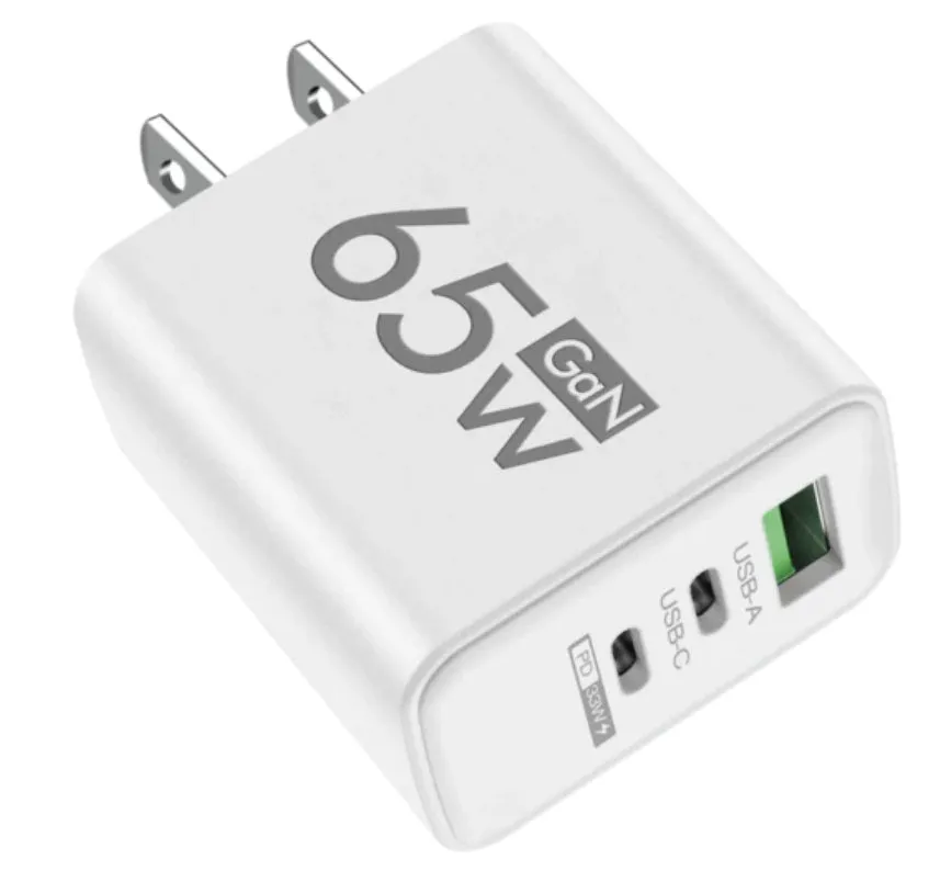 65W frosted square multi-port charger with 1 USB and 2 PD ports in EU White