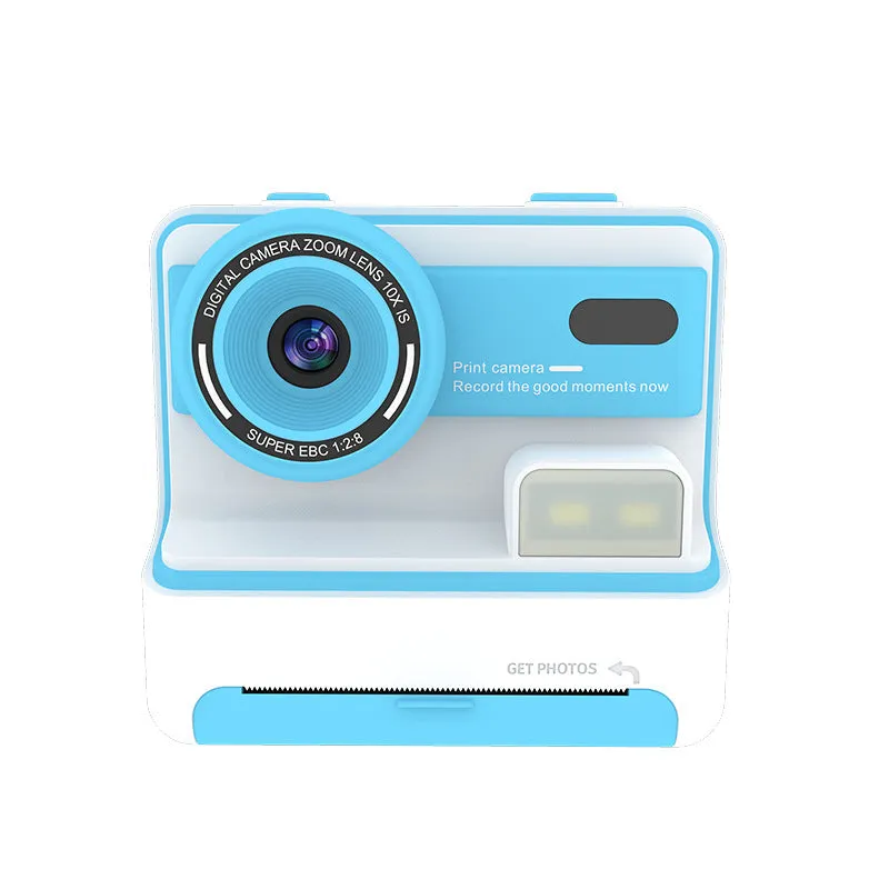 Children's dual lens printing camera in blue with ABS body, 94x56.8x89.2mm, showing front camera and lanyard