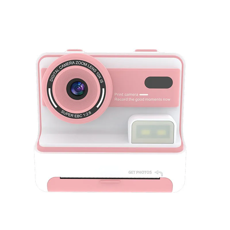Children's dual lens printing camera in blue with ABS body, 94x56.8x89.2mm, showing front camera and lanyard