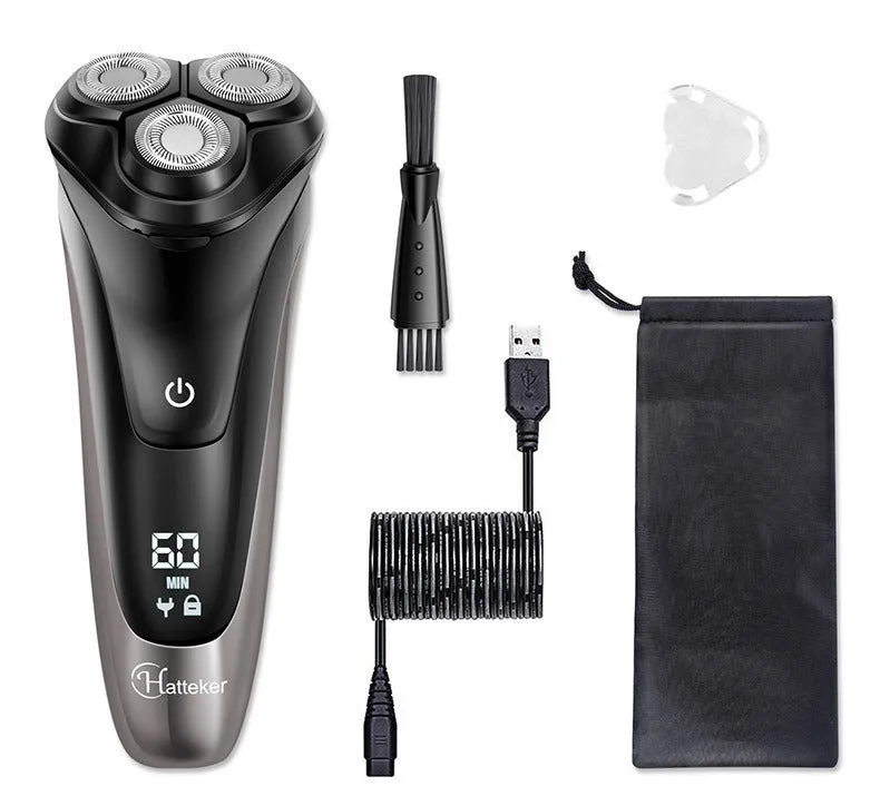 Men's electric shaver with three floating heads and pop-up sideburn trimmer on black background