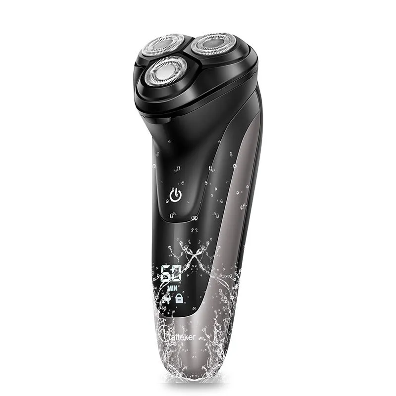 Men's electric shaver with three floating heads and pop-up sideburn trimmer on black background