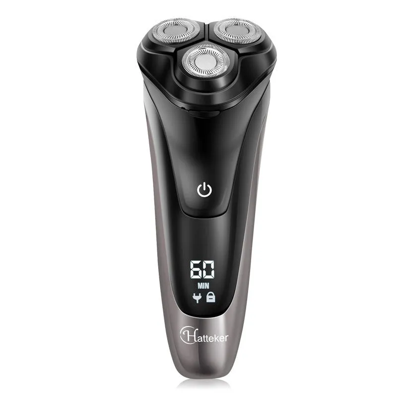 Men's electric shaver with three floating heads and pop-up sideburn trimmer on black background