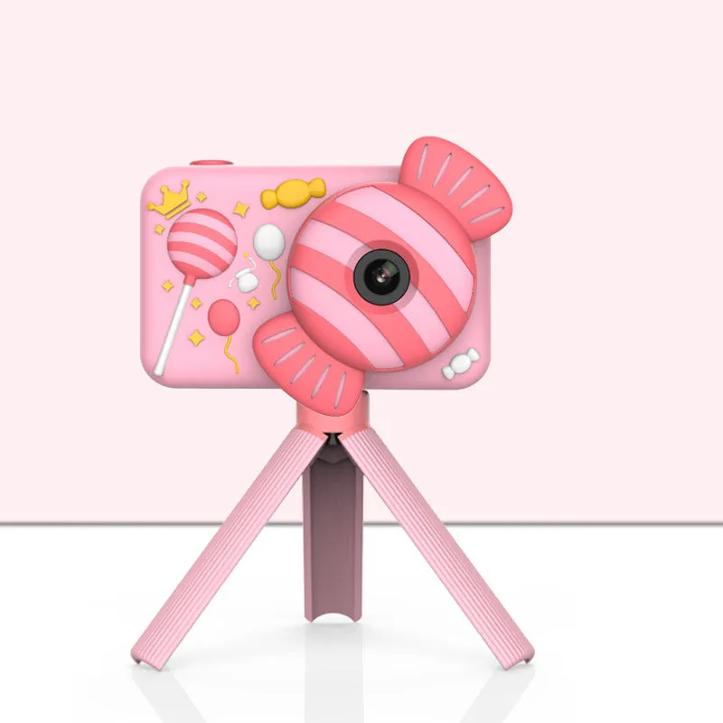 Children's dual camera toy camera in pink lollipop with silicone case and lanyard on a white background