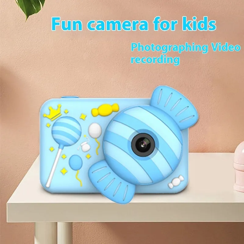 Children's dual camera toy camera in pink lollipop with silicone case and lanyard on a white background