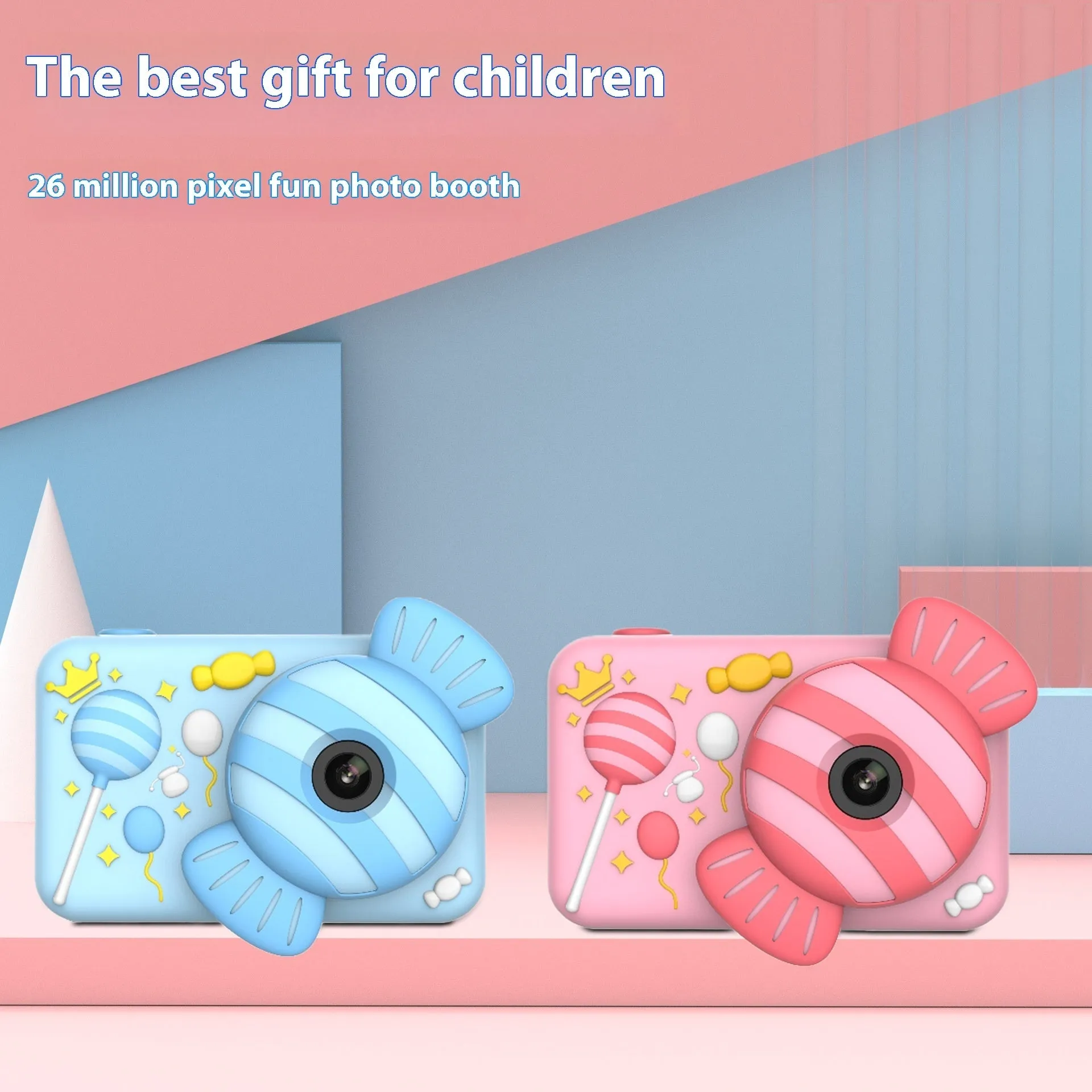Children's dual camera toy camera in pink lollipop with silicone case and lanyard on a white background