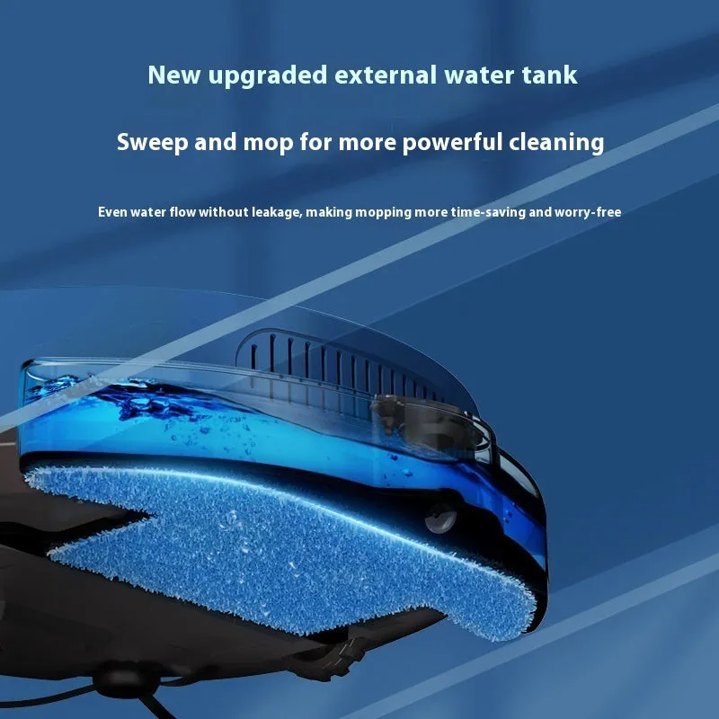 Household sweeping robot in blue with water tank for automatic sweep and mop