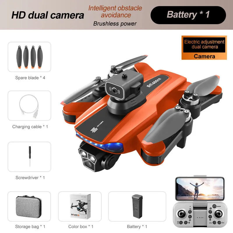 Orange plastic UAV drone with four-side obstacle avoidance and brushless motor
