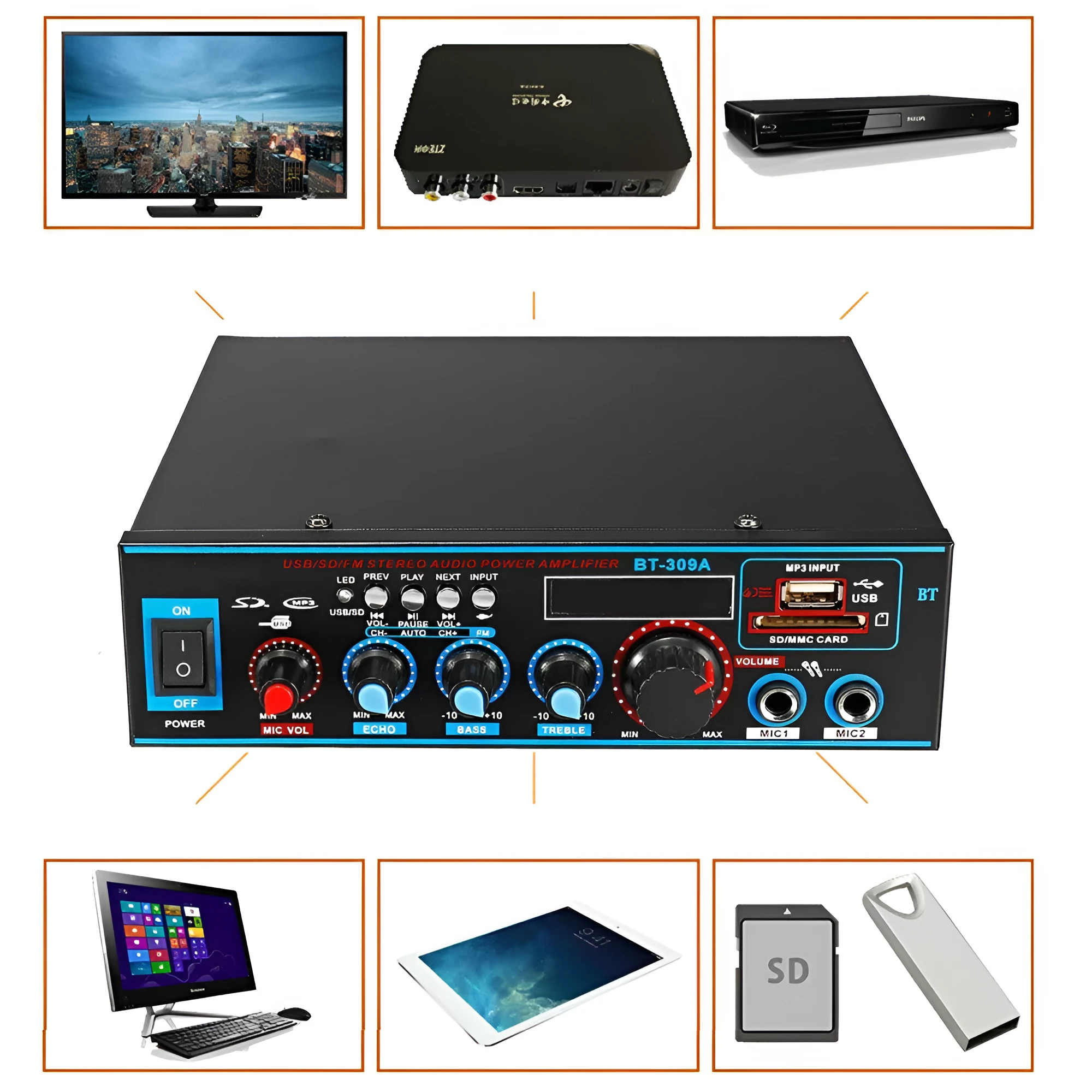 Black dual-purpose power amplifier with wire clamp connections, remote control, measuring 20x19.6x5.8cm