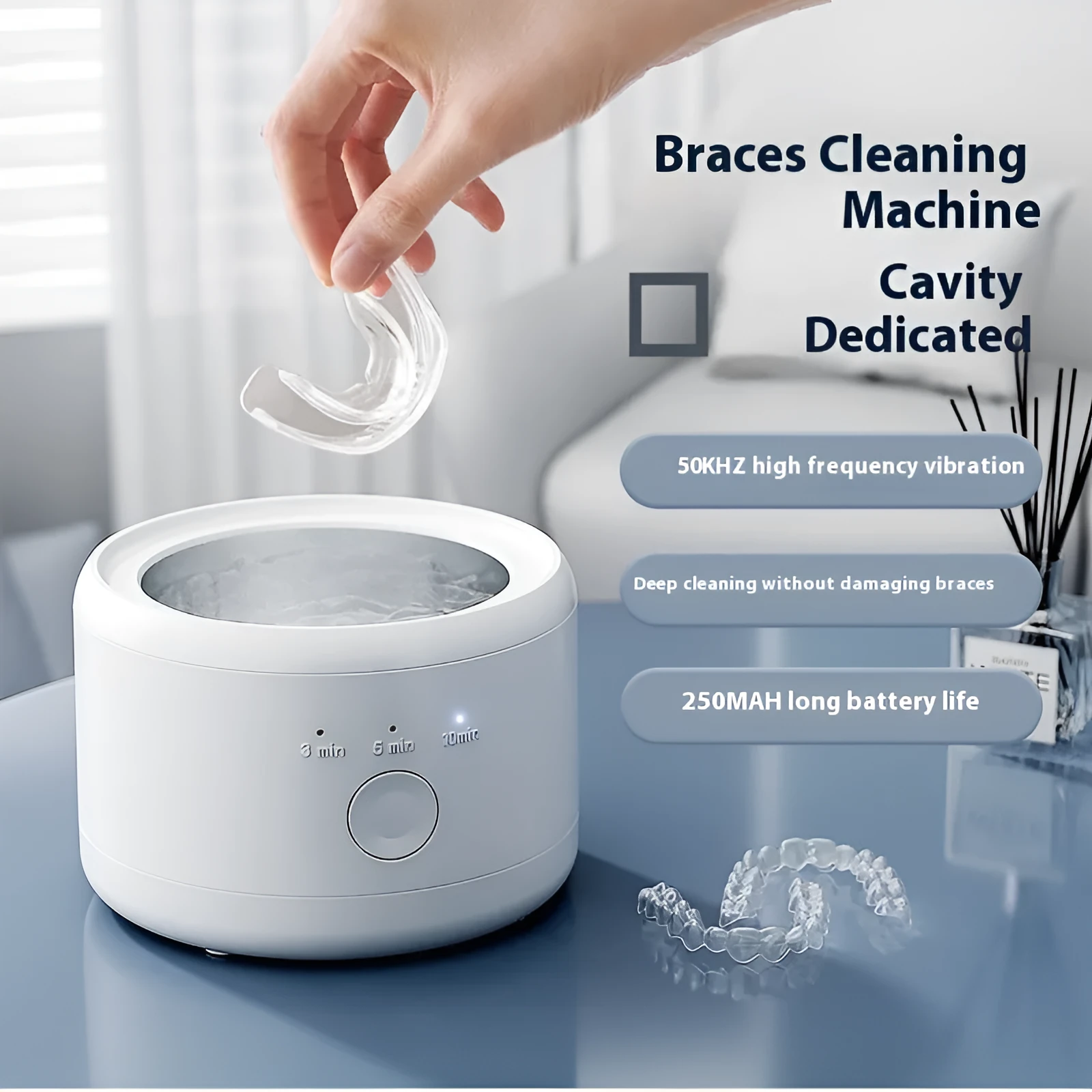 White ultrasonic tooth socket cleaning machine with 300ml tank, third gear timing, and 3-step thermostat on countertop